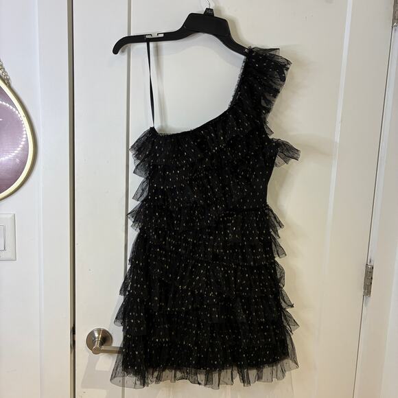 NWT BCBGMAXAZRIA Black Gold Metallic Tiered One Shoulder Mini Dress Sz 6 - Picture 5 of 12